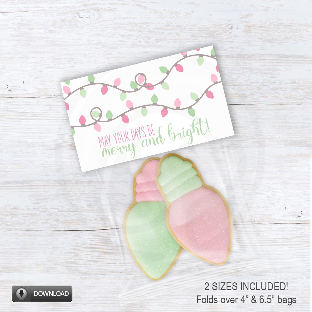 Pastel Christmas treat bag topper with mint and pink light bulb string design and “May Your Days Be Merry and Bright” text, printable holiday favor topper.