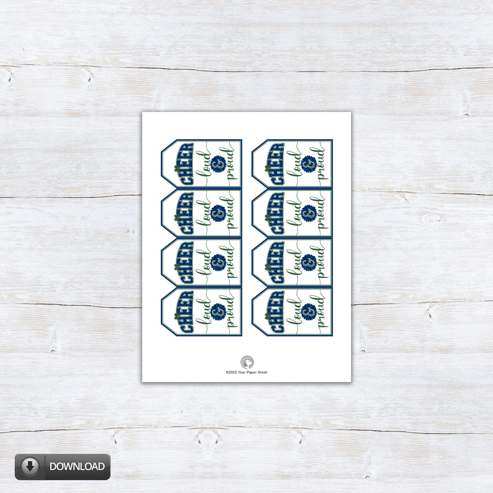 cheer loud and proud printable gift tag in navy blue and forest green instant download