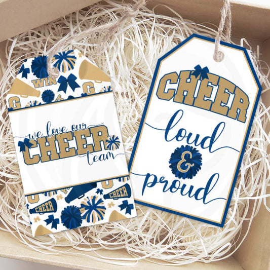 printable navy and gold cheerleader gift tags