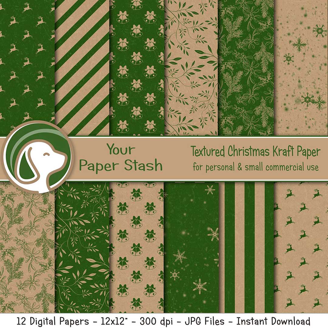 Green Christmas Kraft Digital Papers with Reindeer Snowflake and Stripe Backgrounds