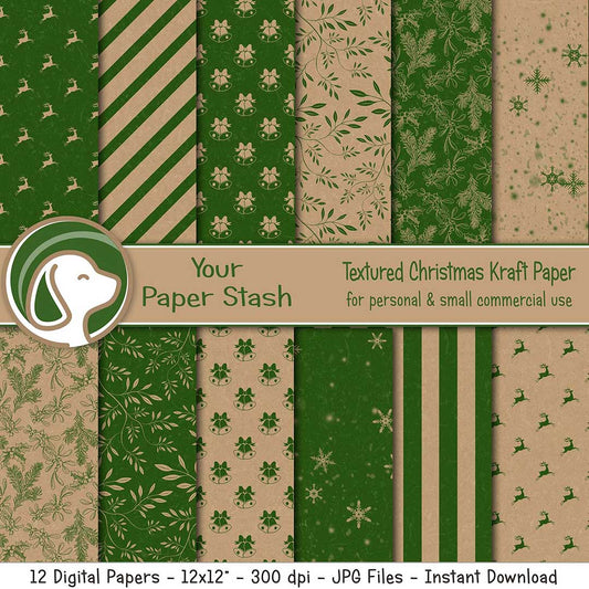 Green Christmas Kraft Digital Papers with Reindeer Snowflake and Stripe Backgrounds