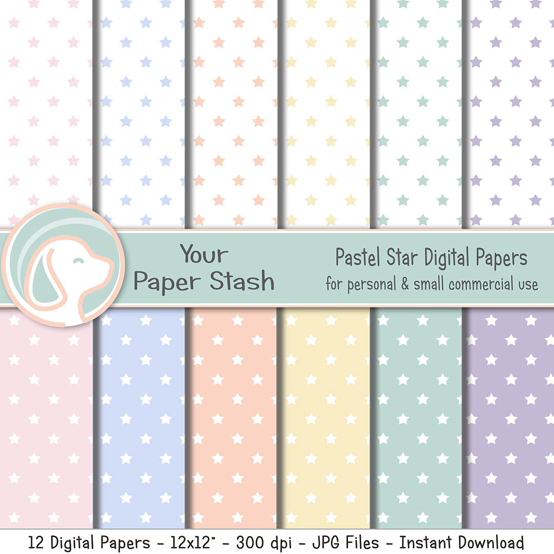 Pastel star digital paper collection in pink, blue, peach, yellow, mint green, and lavender with white and coordinating pastel backgrounds.