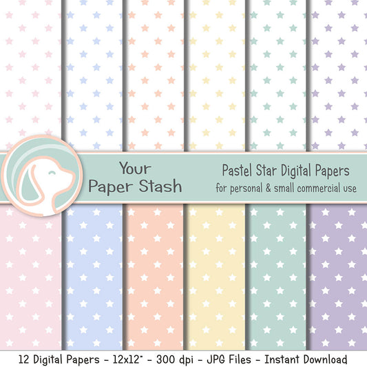 Pastel star digital paper collection in pink, blue, peach, yellow, mint green, and lavender with white and coordinating pastel backgrounds.