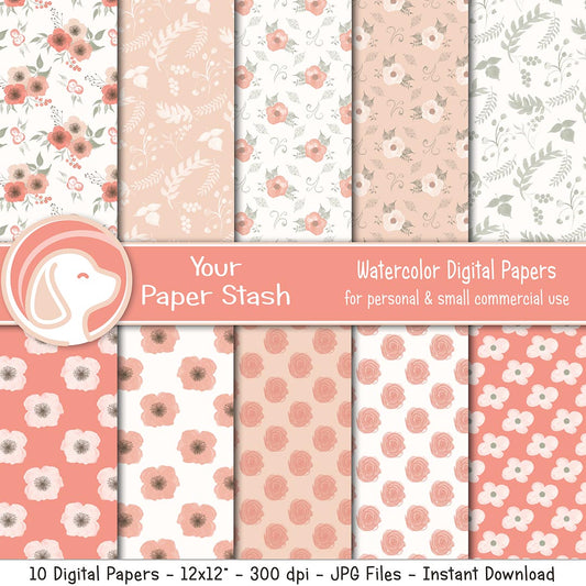 Peach and Coral Watercolor Floral Digital Paper Pack
