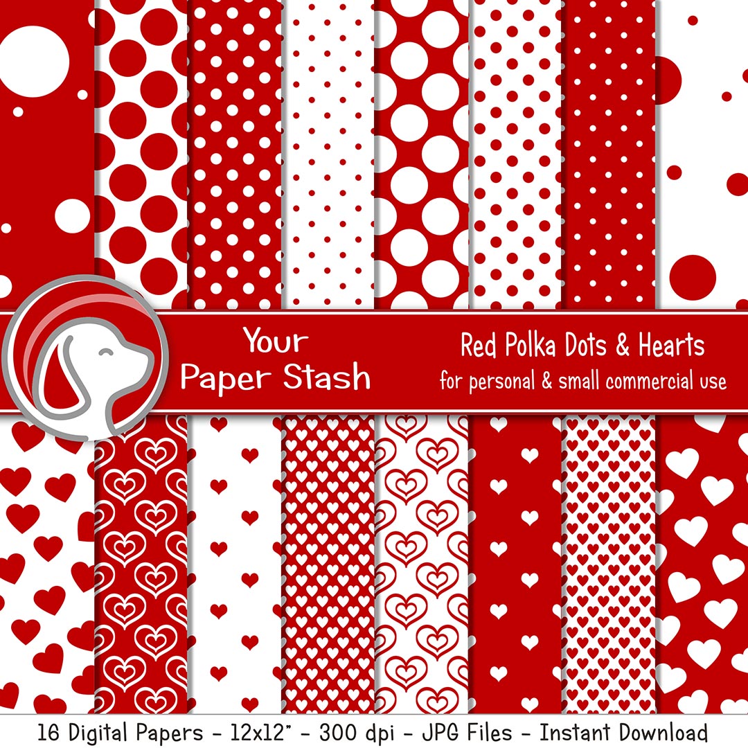 Red and white polka dot and heart digital paper pack for Valentine crafts and scrapbook backgrounds
