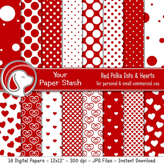 Red and white polka dot and heart digital paper pack for Valentine crafts and scrapbook backgrounds