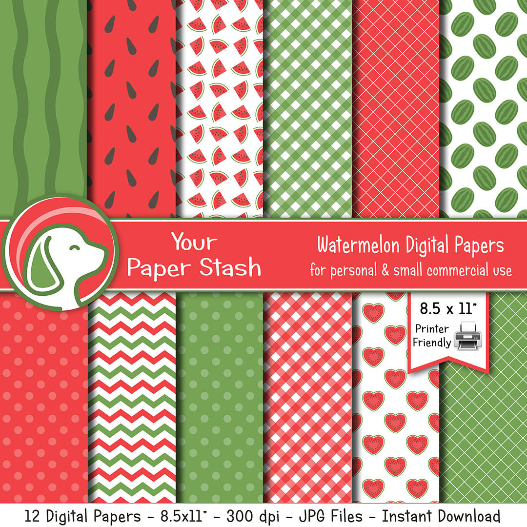 Watermelon digital paper pack with 12 summer fruit themed backgrounds. Perfect for crafts, scrapbooking, party decorations, and summer projects. Instant download.