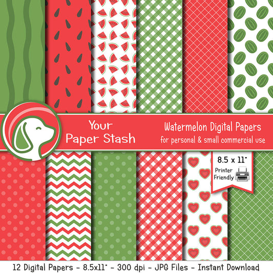 Watermelon digital paper pack with 12 summer fruit themed backgrounds. Perfect for crafts, scrapbooking, party decorations, and summer projects. Instant download.