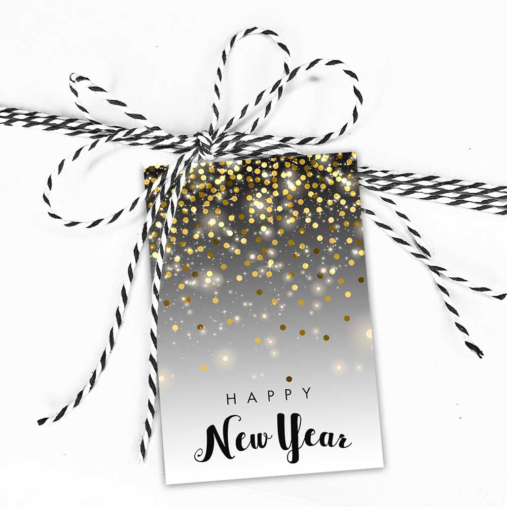 printable black and gold glitter happy new year cookie and gift tags