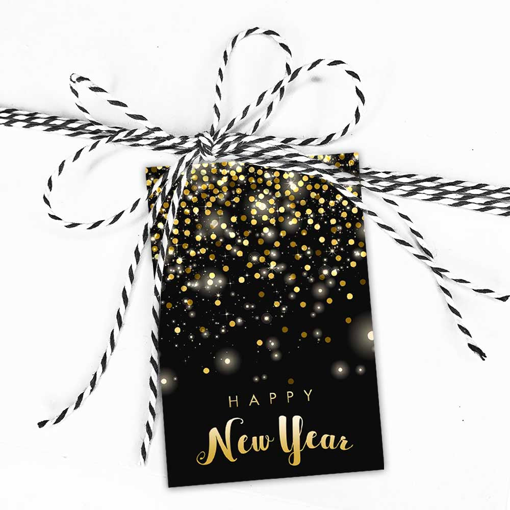 printable black and gold sparkle Happy New Year gift tags - cookie tags