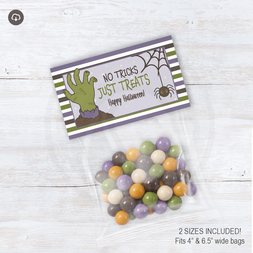Printable No Tricks, Just Treats Halloween bag topper with a spooky hand, spider, and spiderweb.