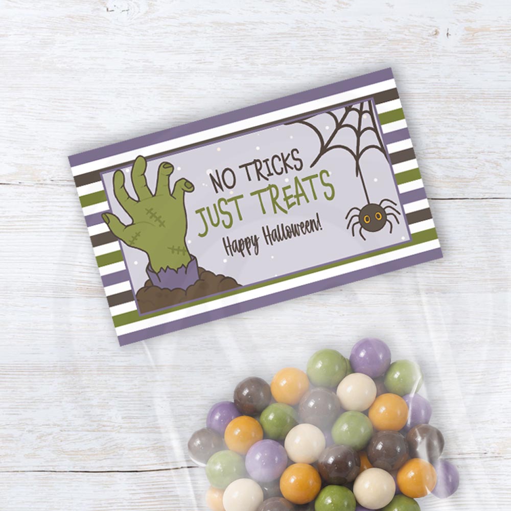 Printable No Tricks, Just Treats Halloween bag topper with a spooky hand, spider, and spiderweb.