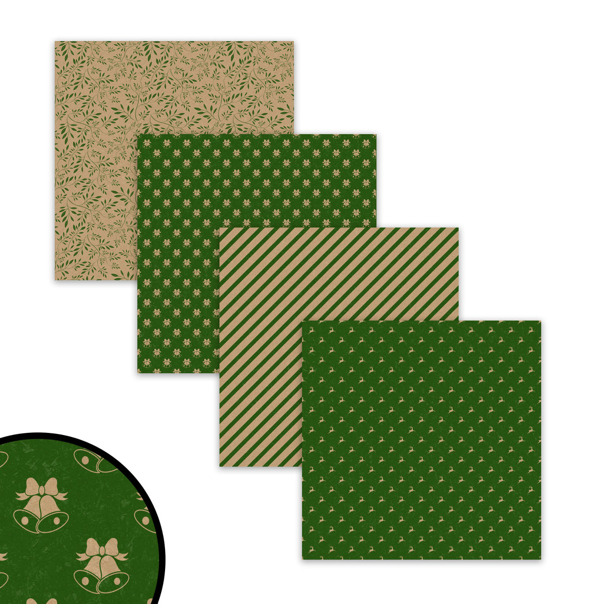 Green Christmas Kraft Digital Papers with Reindeer Snowflake and Stripe Backgrounds