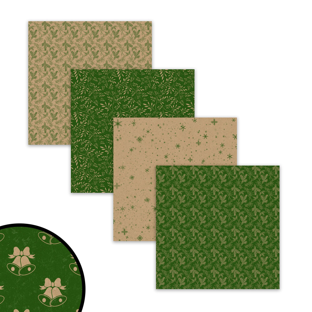 Green Christmas Kraft Digital Papers with Reindeer Snowflake and Stripe Backgrounds