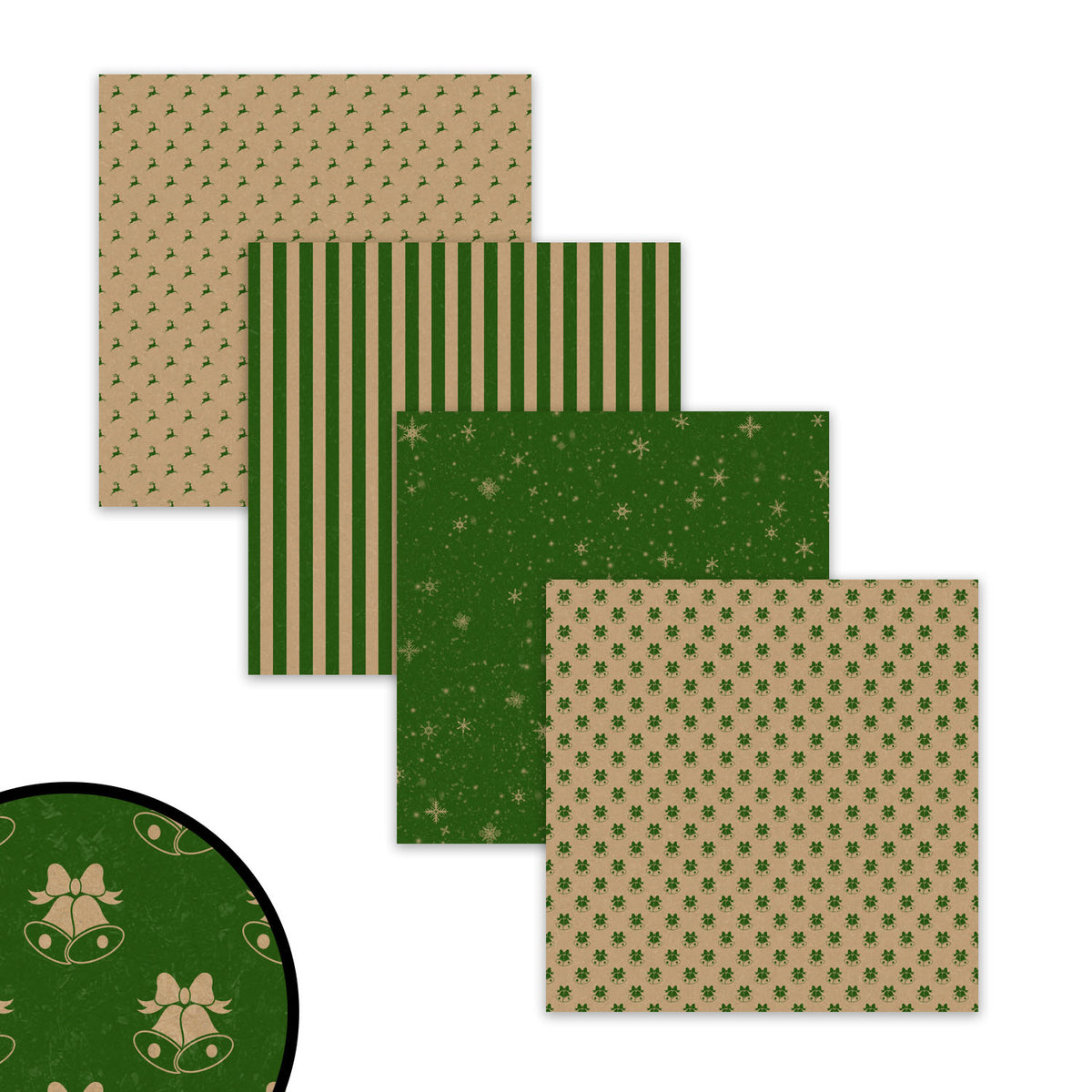Green Christmas Kraft Digital Papers with Reindeer Snowflake and Stripe Backgrounds
