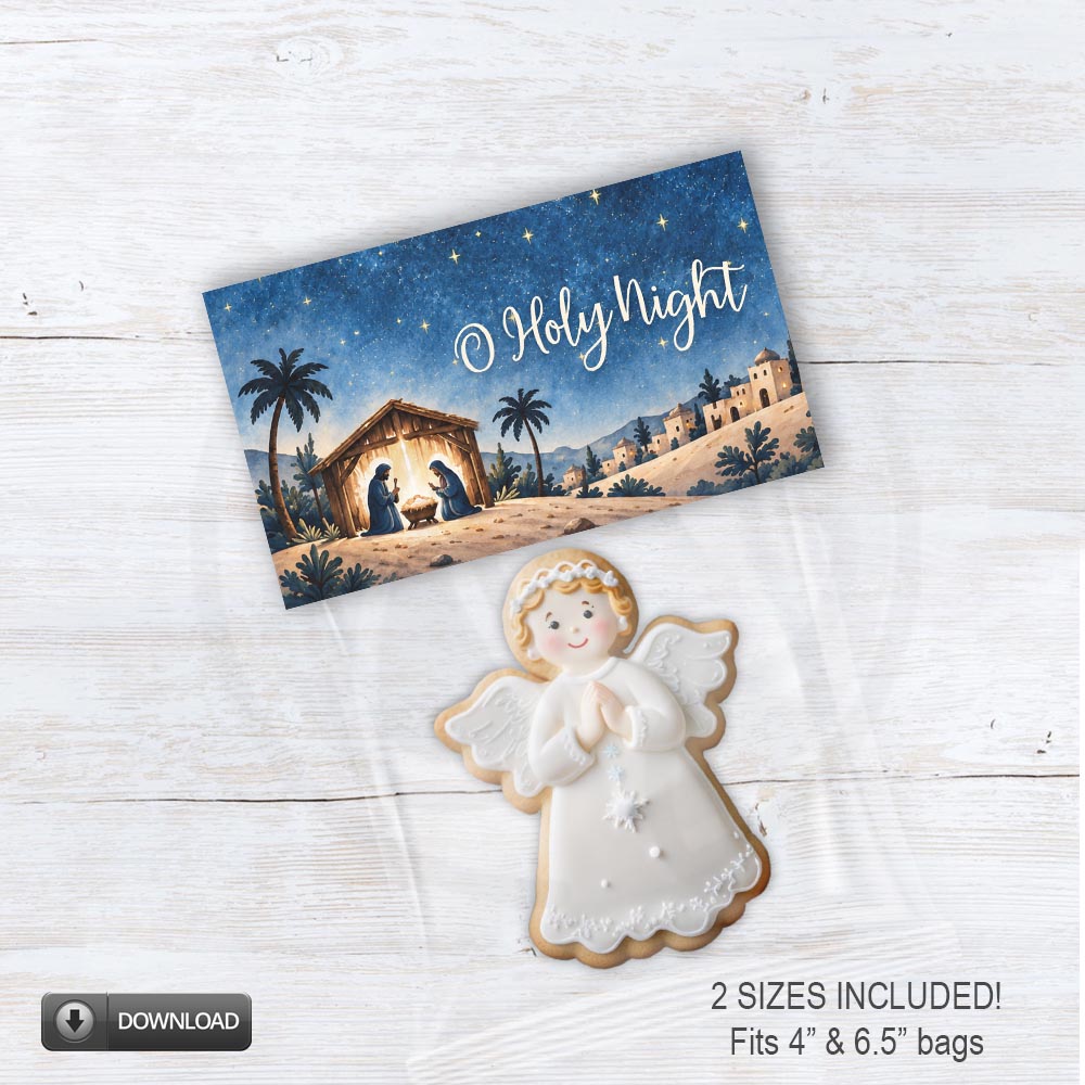O Holy Night printable treat bag topper featuring baby Jesus in a nativity scene beneath a starry blue sky for Christian Christmas cookie and candy gifts.