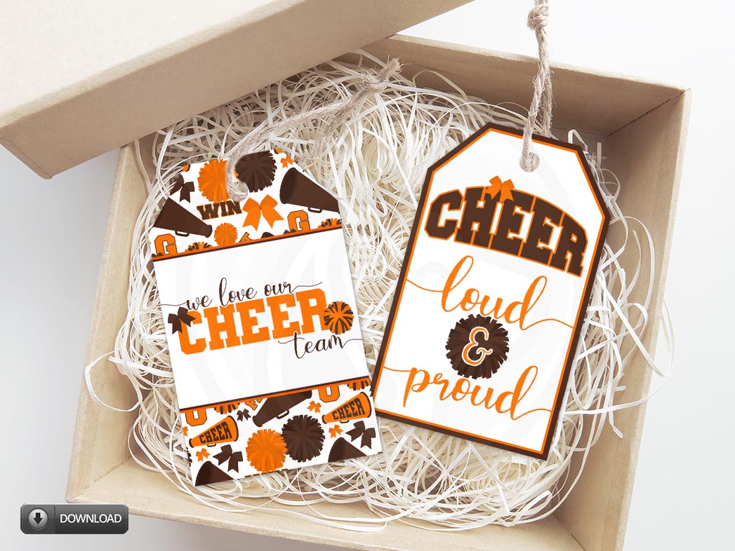 printable orange brown cheerleader gift tags, cheerleading tags