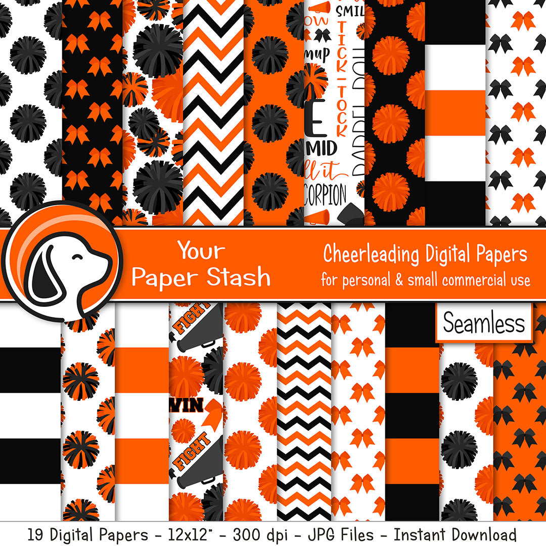 seamless orange and black cheerleader digital paper patterns with pom-poms megaphones cheer bows stripes chevrons and word collage sheet-19 papers included-instant download