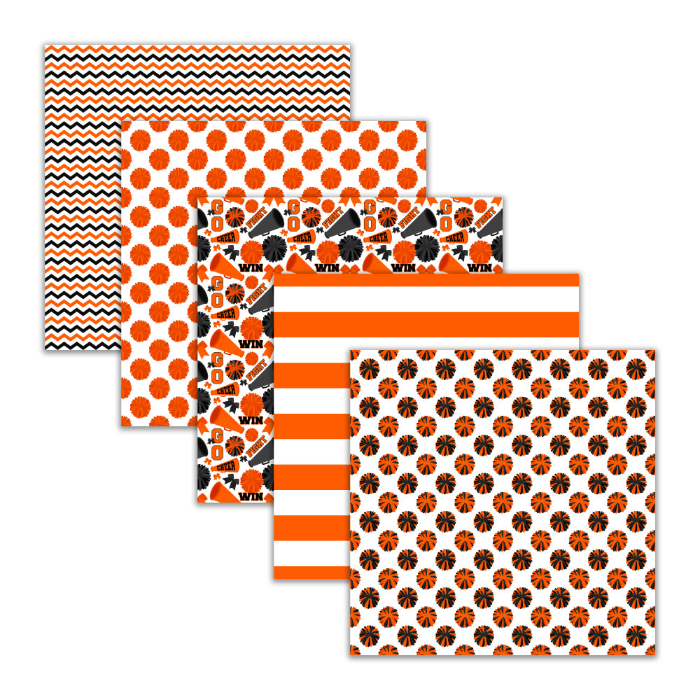 seamless orange and black cheerleader digital paper patterns with pom-poms megaphones cheer bows stripes chevrons and word collage sheet-19 papers included-instant download