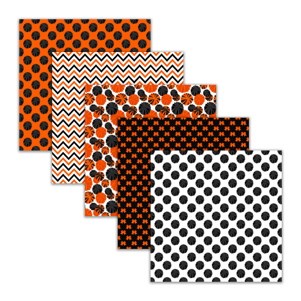 seamless orange and black cheerleader digital paper patterns with pom-poms megaphones cheer bows stripes chevrons and word collage sheet-19 papers included-instant download