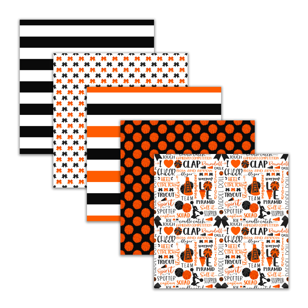 seamless orange and black cheerleader digital paper patterns with pom-poms megaphones cheer bows stripes chevrons and word collage sheet-19 papers included-instant download