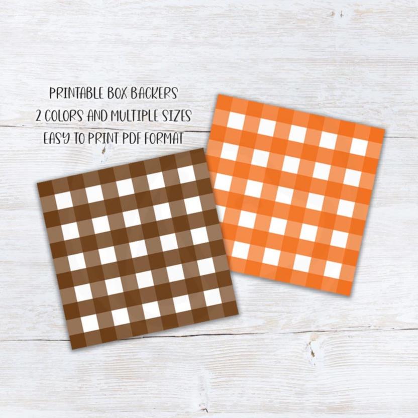 orange brown gingham cookie box backers and tags