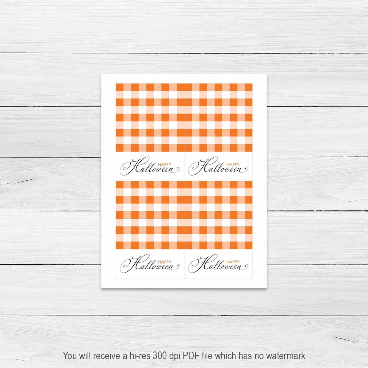 Printable 3.5x5 Happy Halloween mini cookie card with an orange gingham background and elegant script lettering.