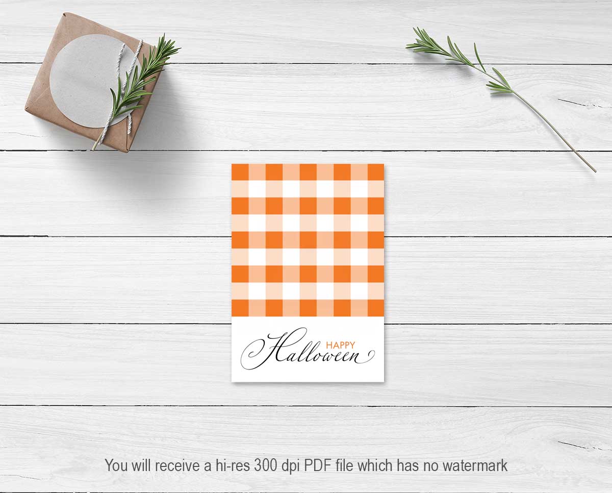 Printable 3.5x5 Happy Halloween mini cookie card with an orange gingham background and elegant script lettering.