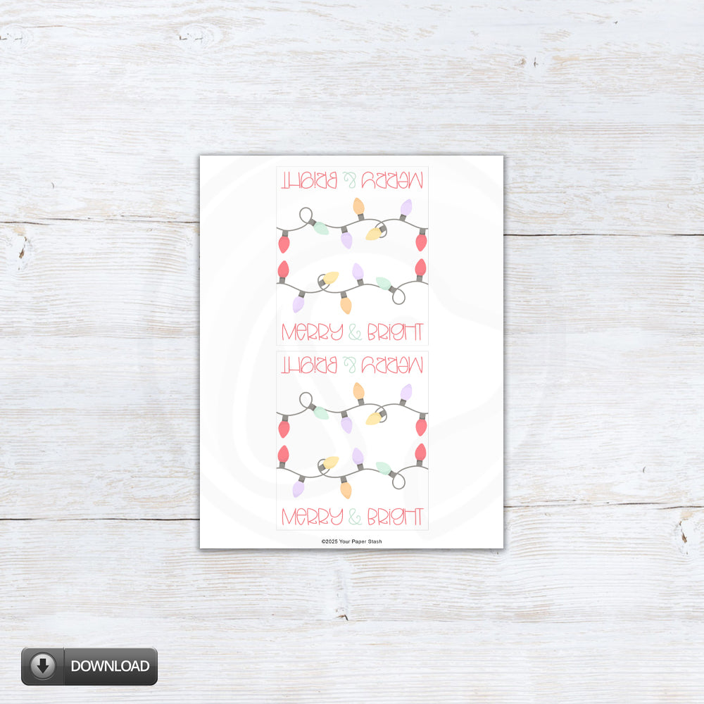 Merry and Bright printable topper digital art featuring pastel Christmas lights and red lettering — festive holiday design for treat bags, crafts, and packaging, instant download in two sizes.