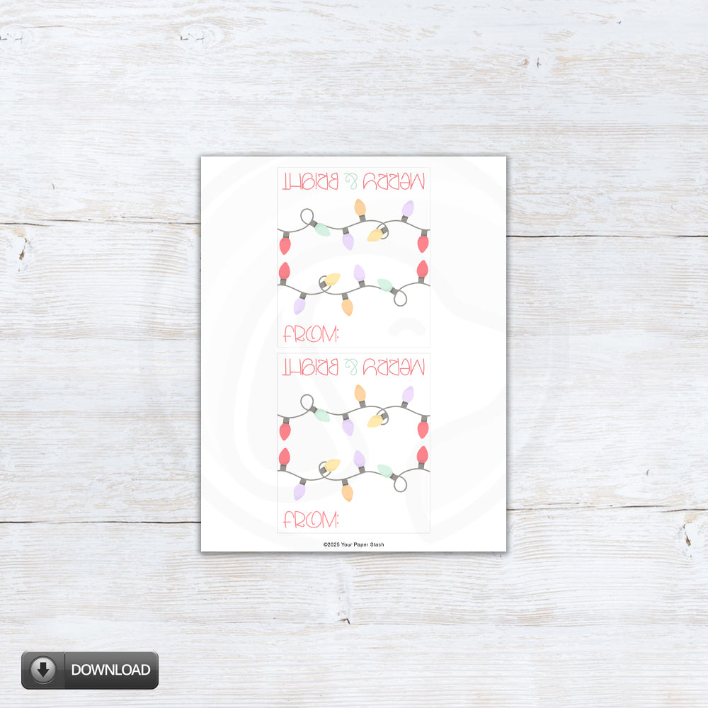 Merry and Bright printable topper digital art featuring pastel Christmas lights and red lettering — festive holiday design for treat bags, crafts, and packaging, instant download in two sizes.
