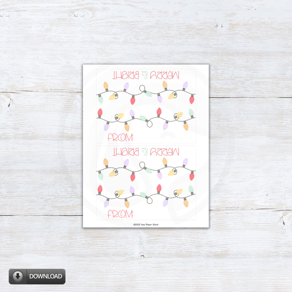 Merry and Bright printable topper digital art featuring pastel Christmas lights and red lettering — festive holiday design for treat bags, crafts, and packaging, instant download in two sizes.