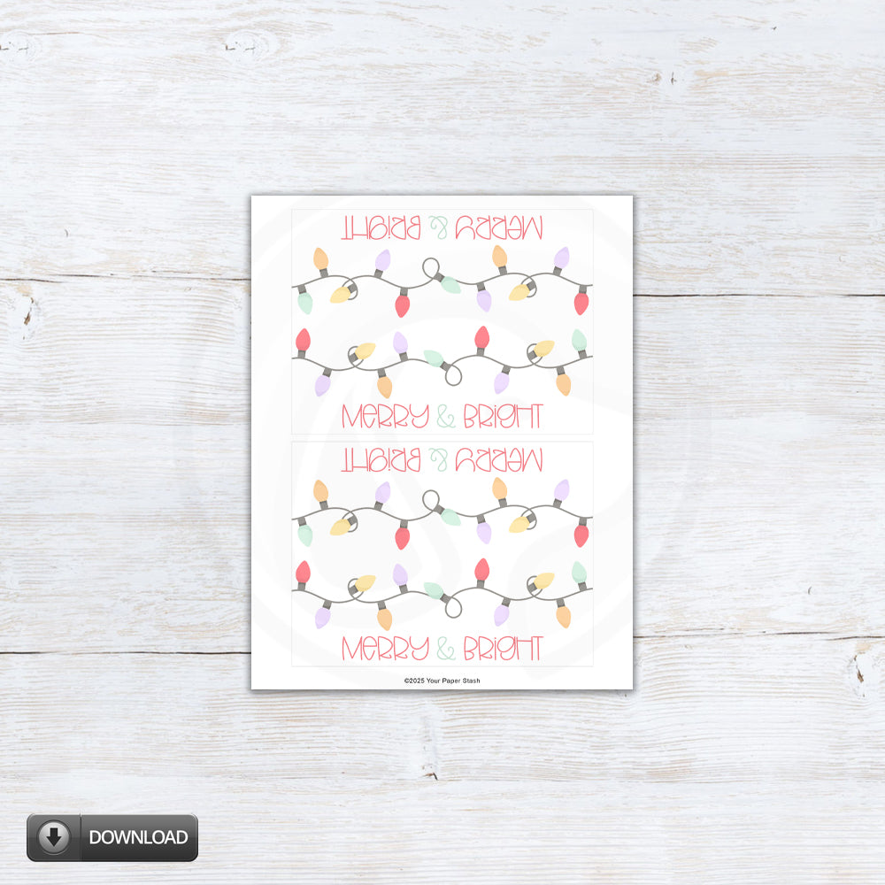 Merry and Bright printable topper digital art featuring pastel Christmas lights and red lettering — festive holiday design for treat bags, crafts, and packaging, instant download in two sizes.