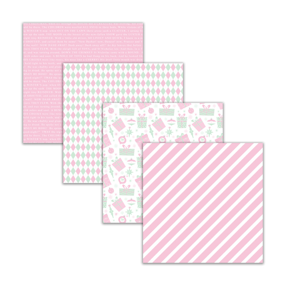Cute pastel Christmas papers featuring candy canes, snowflakes, and gifts. Pink and mint digital holiday scrapbook paper pack for crafts and DIY