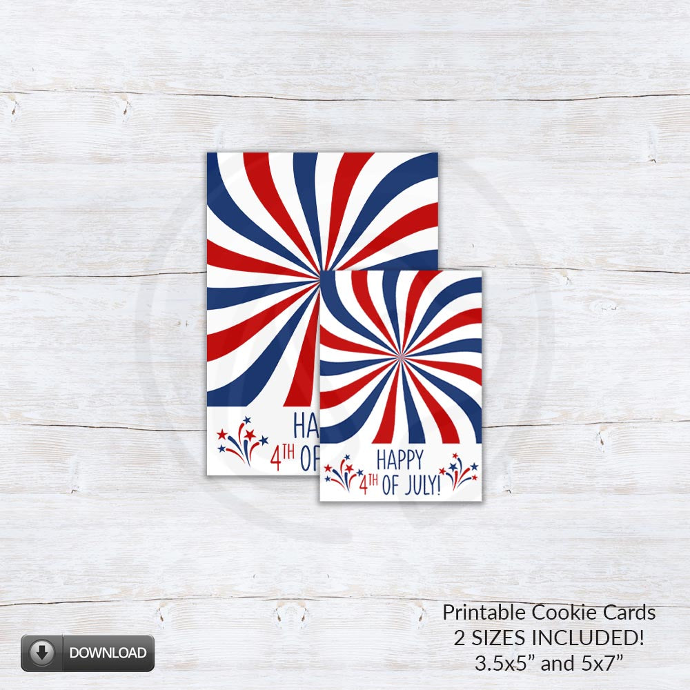 4th of July Cookie Cards Printable, Patriotic Note Cards, Red White Blue Treat Cards, Independence Day Gift Tags, 3.5x5 5x7