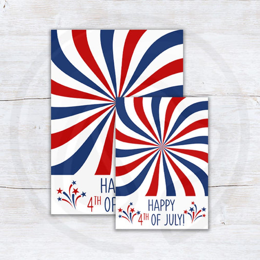 Printable 4th of July cookie cards featuring a bold red, white, and blue burst design. Perfect for party favors, treat bags, note cards, and small gifts for Independence Day celebrations.