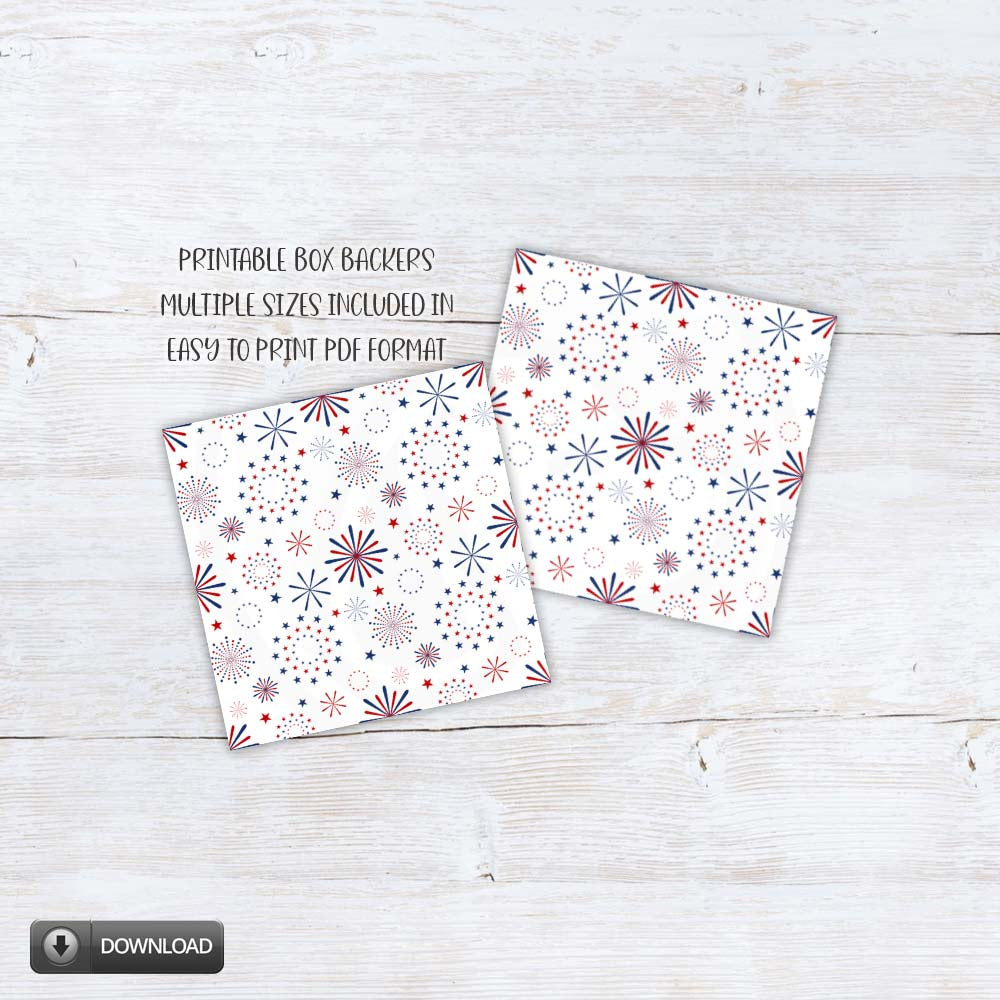 patriotic printable cookie box backers with red white and blue fireworks pattern for gift boxes and packaging
