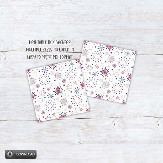 patriotic printable cookie box backers with red white and blue fireworks pattern for gift boxes and packaging