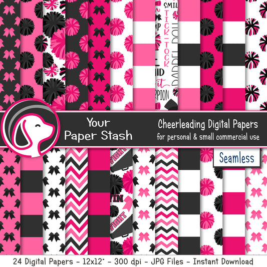 hot pink black cheerleader digital seamless patterns, cheerleading cheerleader scrapbook paper