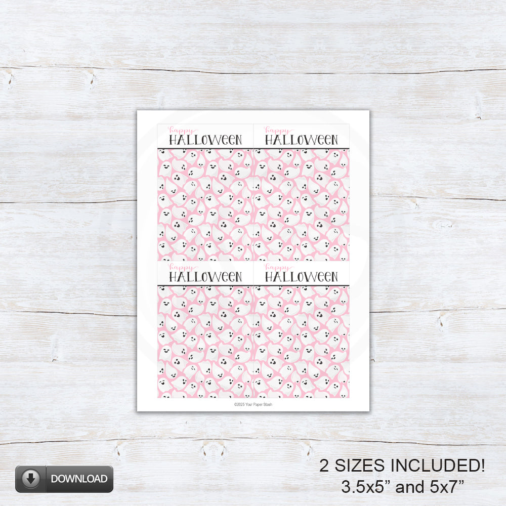 Pink ghost Happy Halloween printable cookie backers for classroom treats and party favors.