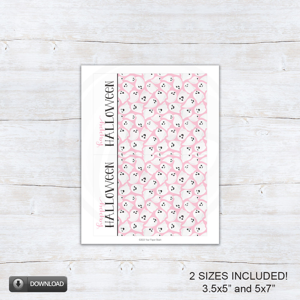 Pink ghost Happy Halloween printable cookie backers for classroom treats and party favors.