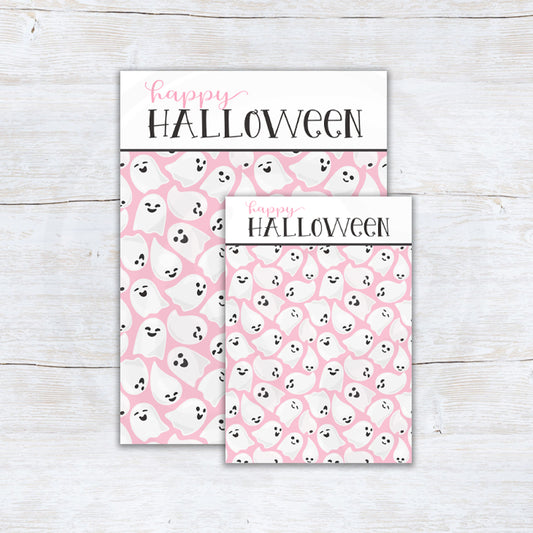 Pink ghost Happy Halloween printable cookie backers for classroom treats and party favors.