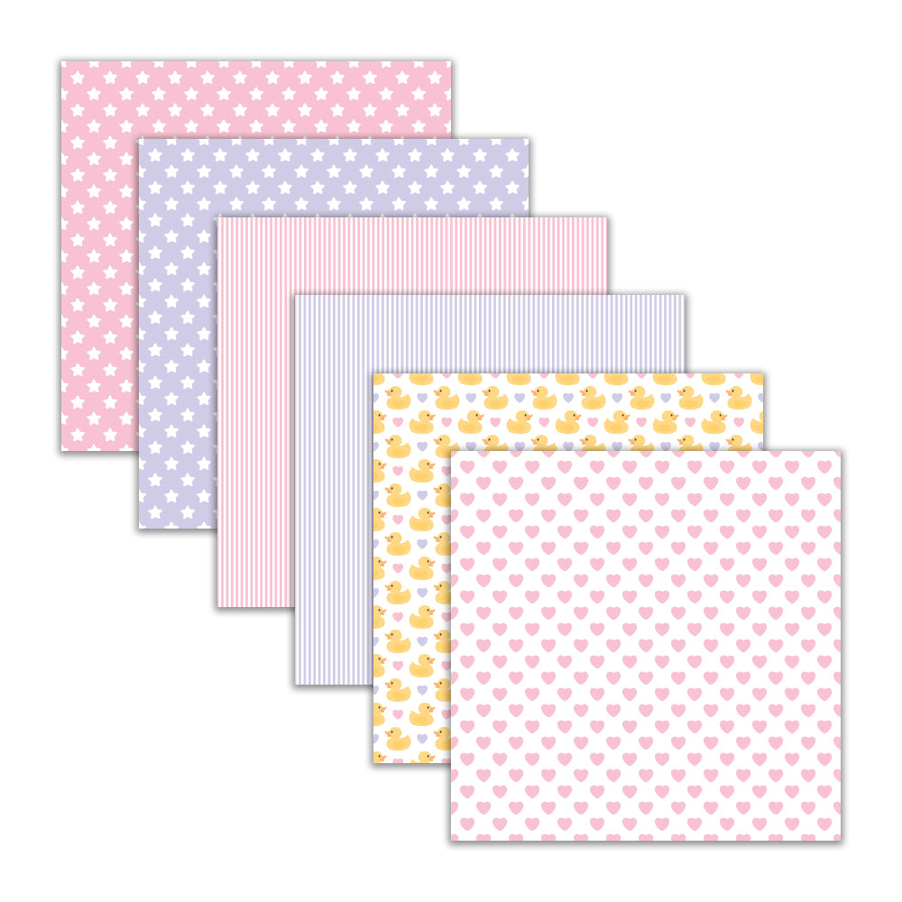 Baby girl seamless digital paper pack with pastel baby bottles ducks hearts stars and footprint patterns