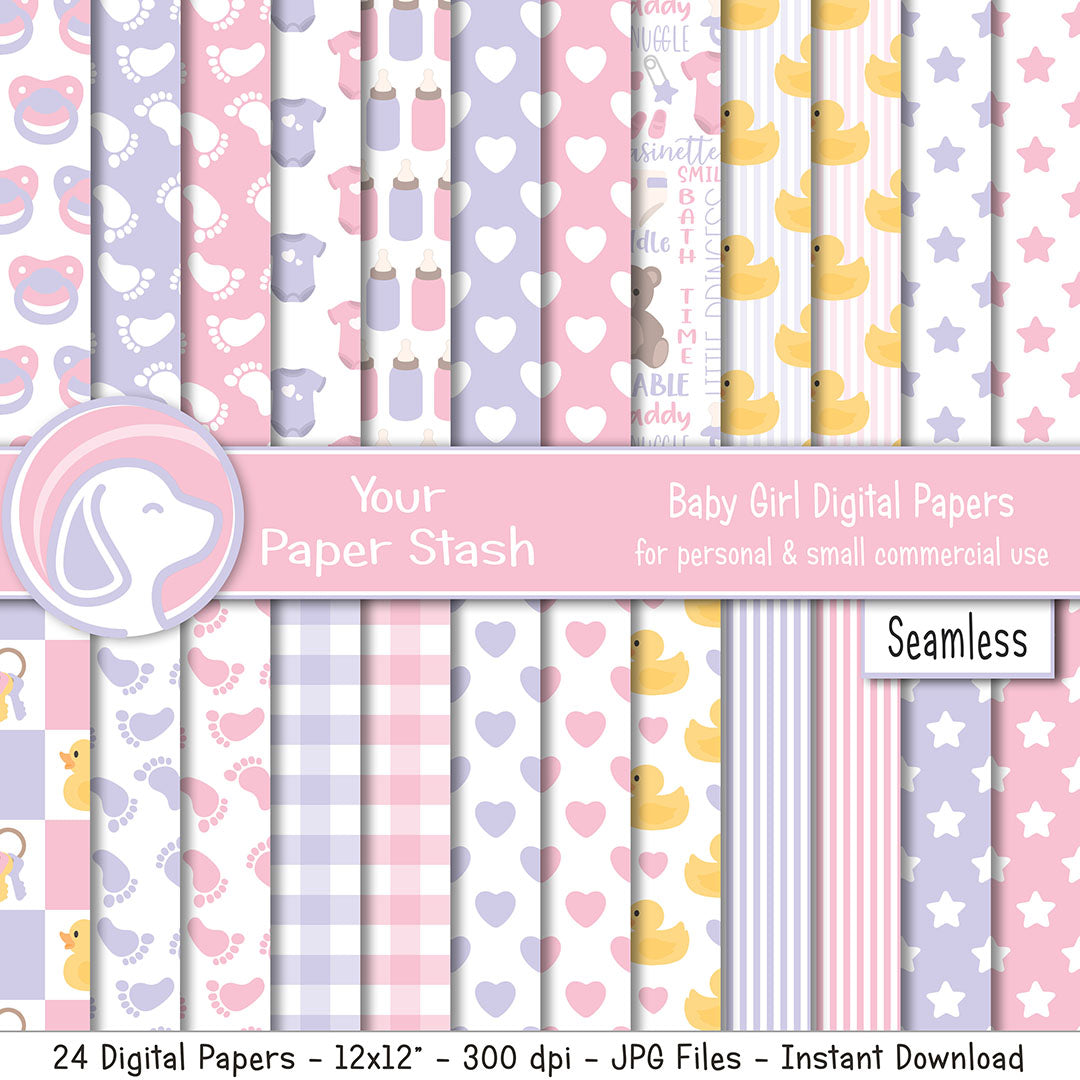 Collection of baby girl digital papers with various patterns including hearts, stars, and ducks from 'Your Paper Stash'.