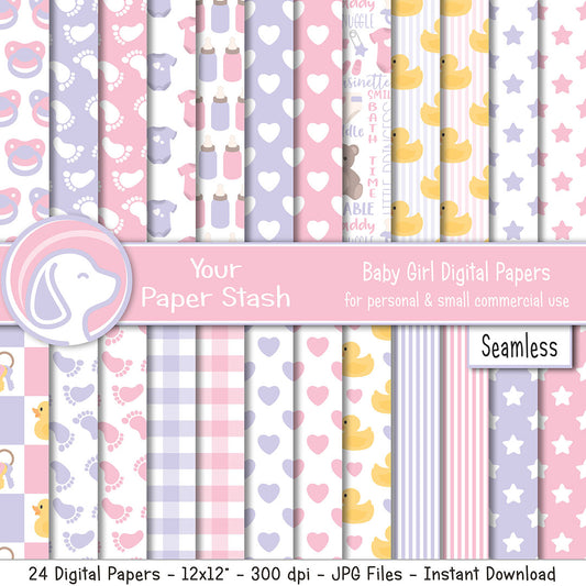 Collection of baby girl digital papers with various patterns including hearts, stars, and ducks from 'Your Paper Stash'.