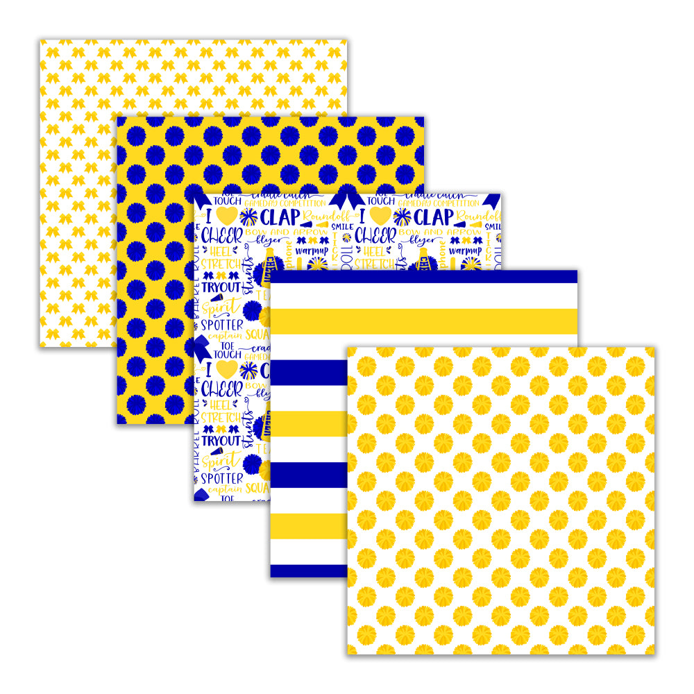 royal blue and yellow cheerleader digital scrapbook papers. Pom-pom megaphone stripe and chevron patterns