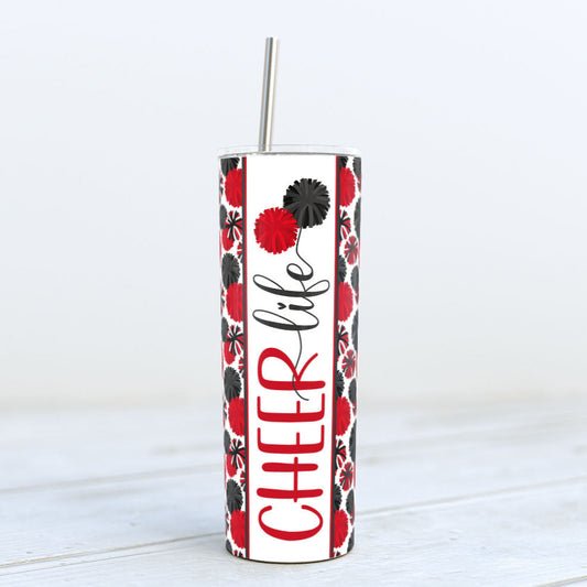 red black pom-pom cheer life skinny tumbler sublimation design for cheerleaders cheer mom coach team