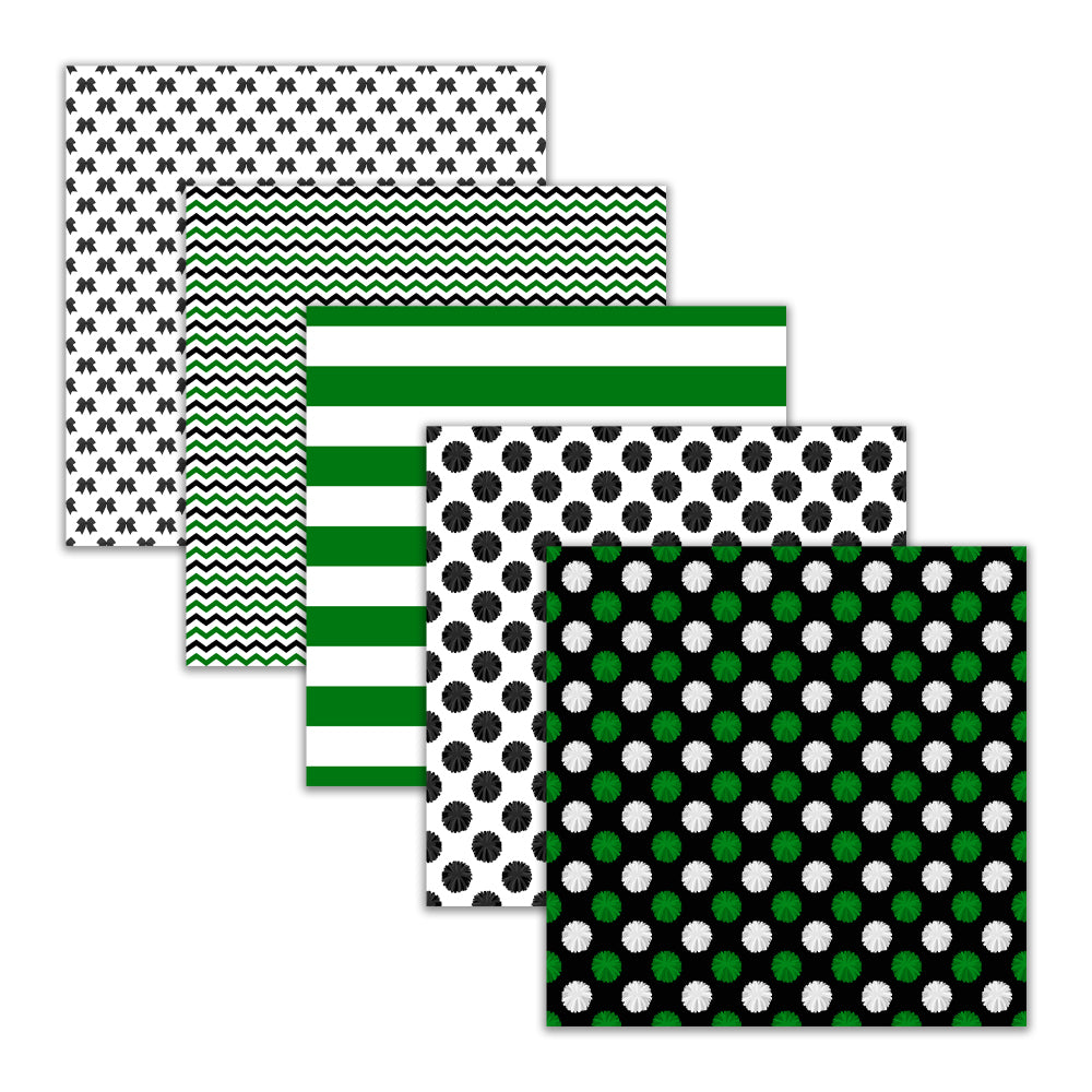 Green cheerleading digital paper pack with pom poms bows stripes chevron and team spirit patterns seamless scrapbook backgrounds