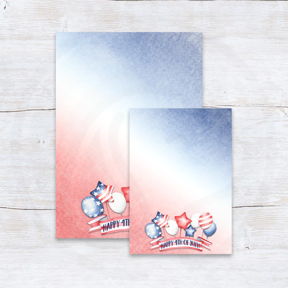 4th of july printable cookie cards with red white and blue balloon design in 3.5x5 and 5x7 sizes