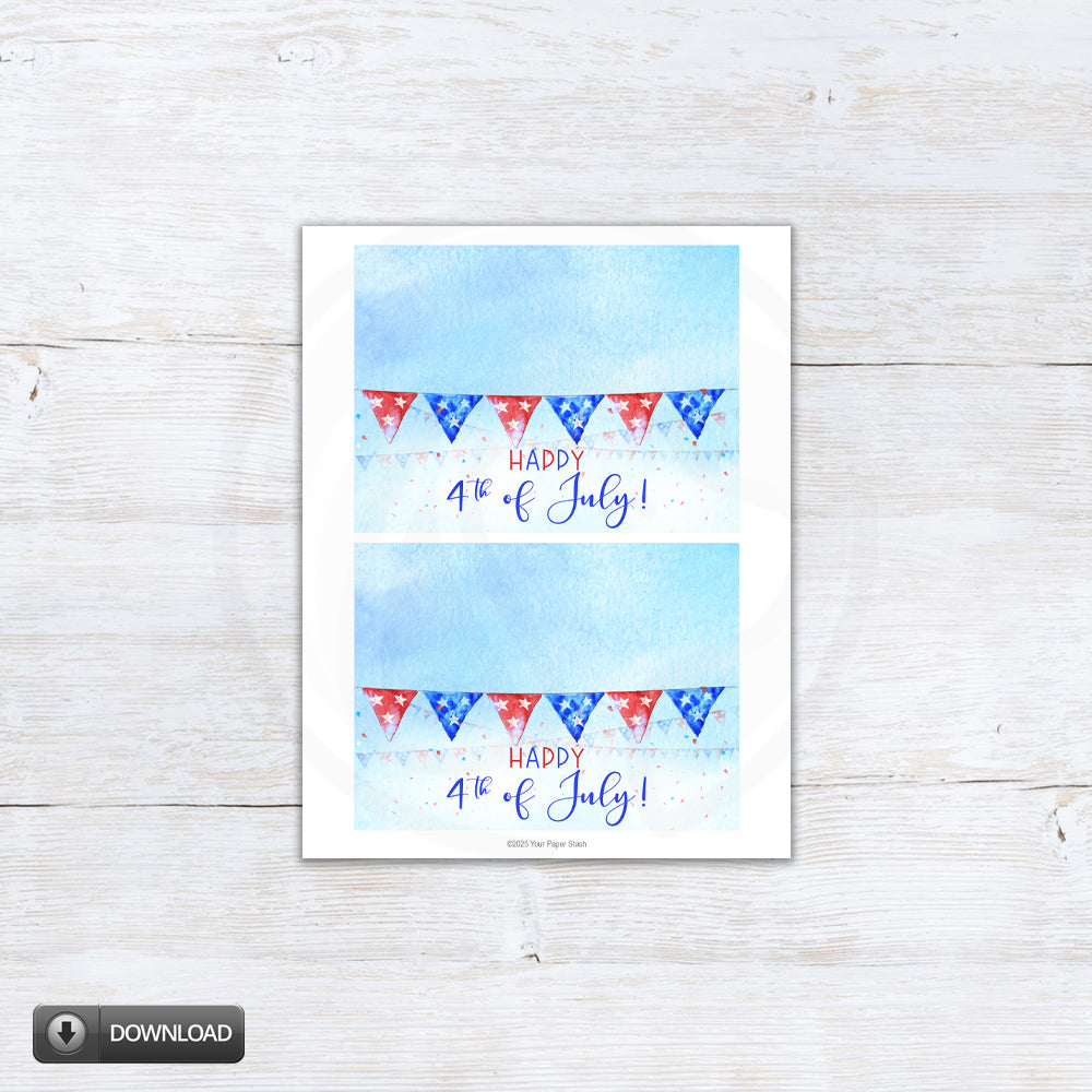 patriotic watercolor candy bag toppers printable with red white and blue bunting for independence day