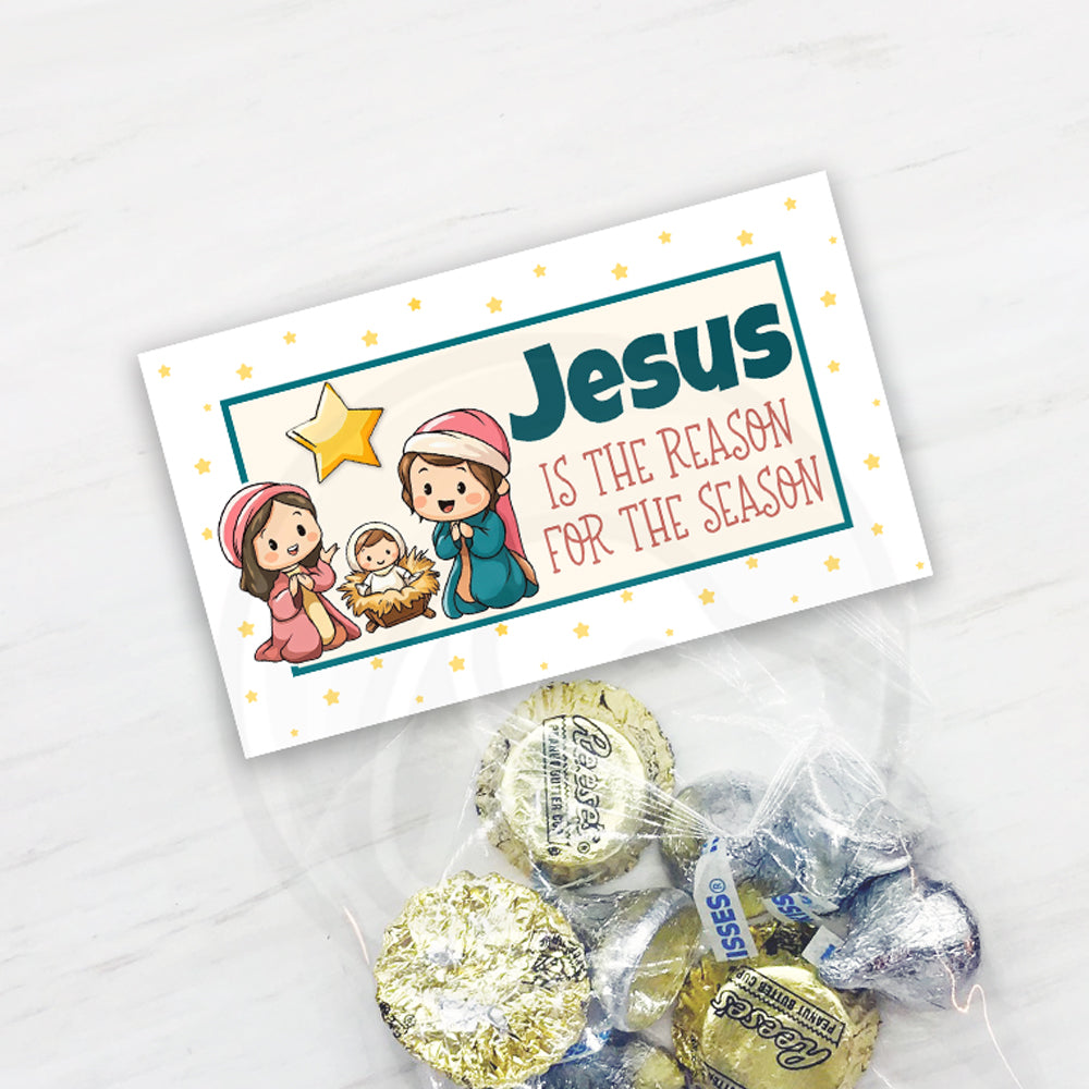 Printable nativity treat bag topper featuring Mary, Joseph, and baby Jesus under a star with the phrase “Jesus Is the Reason for the Season” – Christian Christmas party favor design.